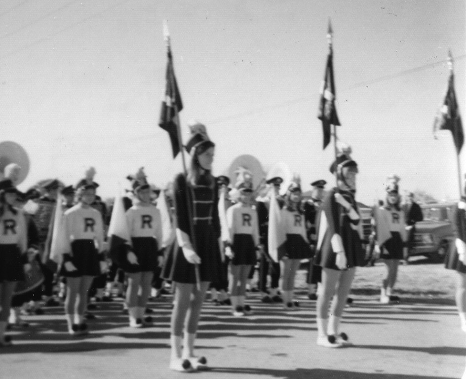 Marching Band (B&W): Senior Year (Ellen Leonard is front left).