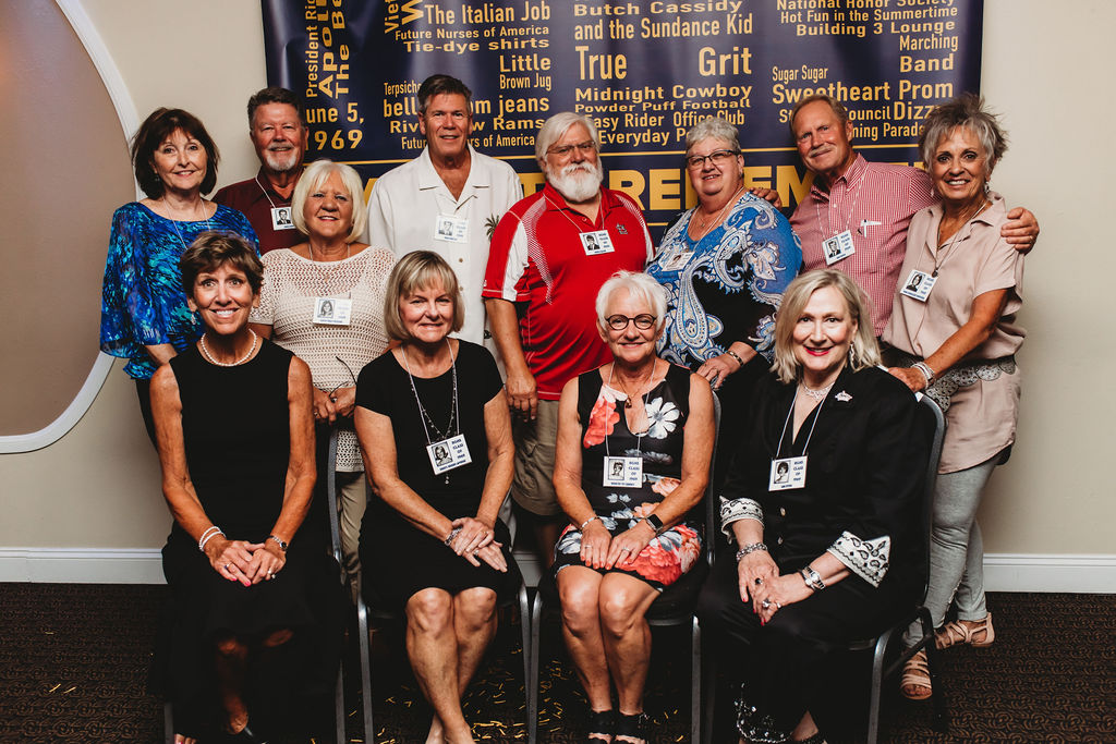 THE DIRTY DOZEN (CLASS OF 1969 REUNION ORGANIZING COMMITTEE): Seated from Left: Patty Geller, Cheryl Niebur, Dorothy Fey and Jane Byers;
Standing from Left: Nancy  Jackson, John Banocy, Cathy Hunt, Dave Hartley, Bruce Ealick, Marilyn Bova, Dan Green and R