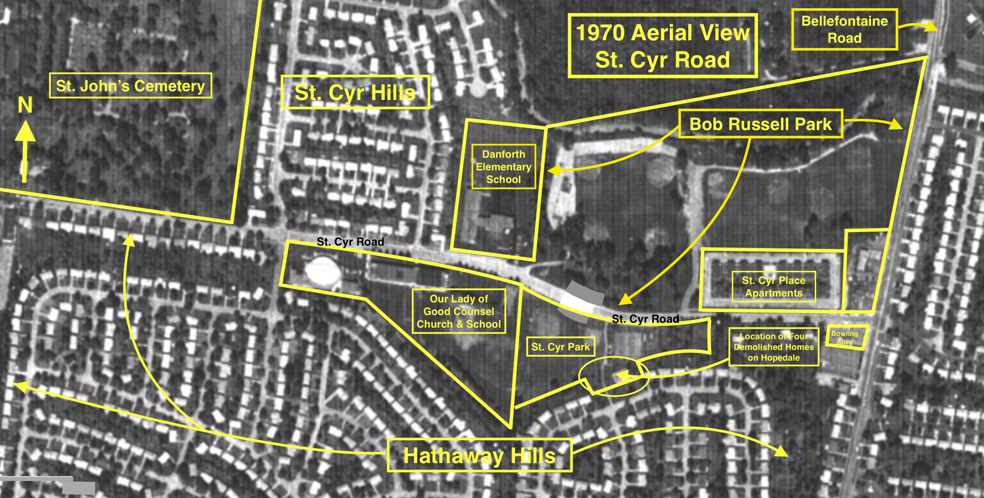 1970 AERIAL VIEW OF ST. CYR ROAD BETWEEN HIGHWAY 367 AND BELLEFONTAINE ROAD