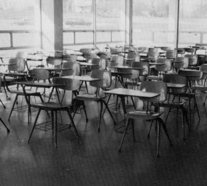 Classroom encased by walls of glass windows: ECHOES 1968