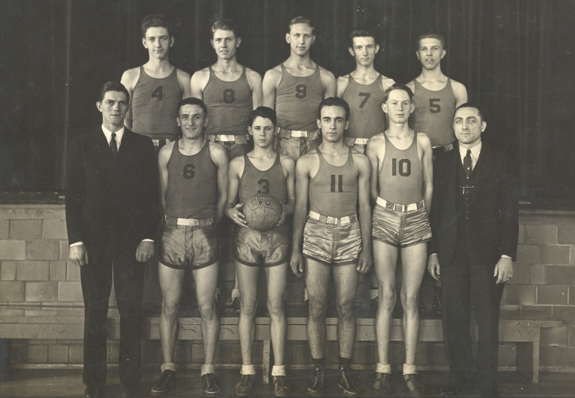 RGHS Basketball Team (1936): MANNING FAMILY COLLECTION. Lou Manning is #10 in the front row. In 1936, a new Gym was constructed as an addition to  the original Science Hill School building. This picture was taken in that new Gym. Thanks Dave! 