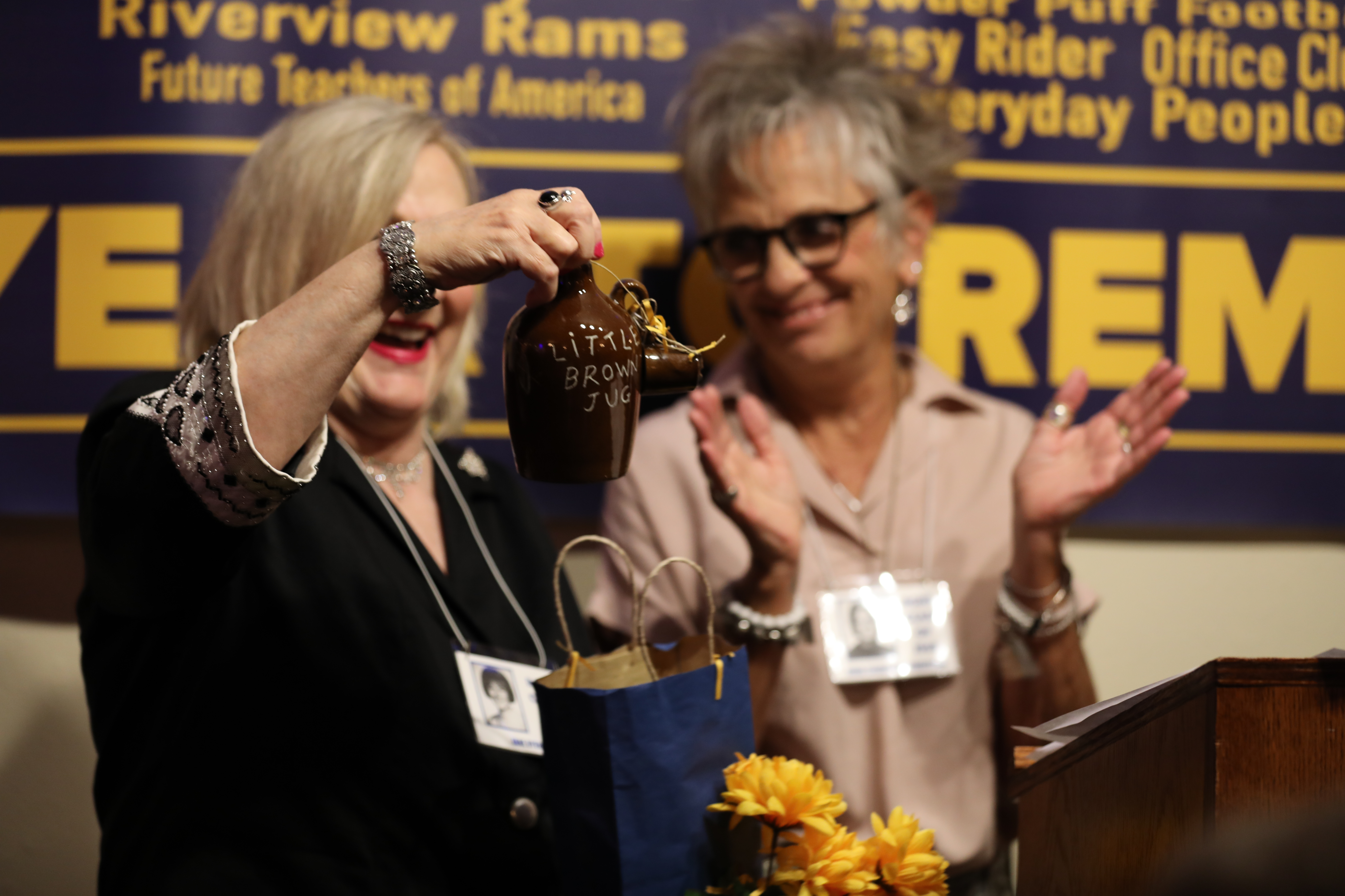 Jane Byers receives a Special Gift  from Runa - a Little Brown Jug! Picture by Dave Hartley.