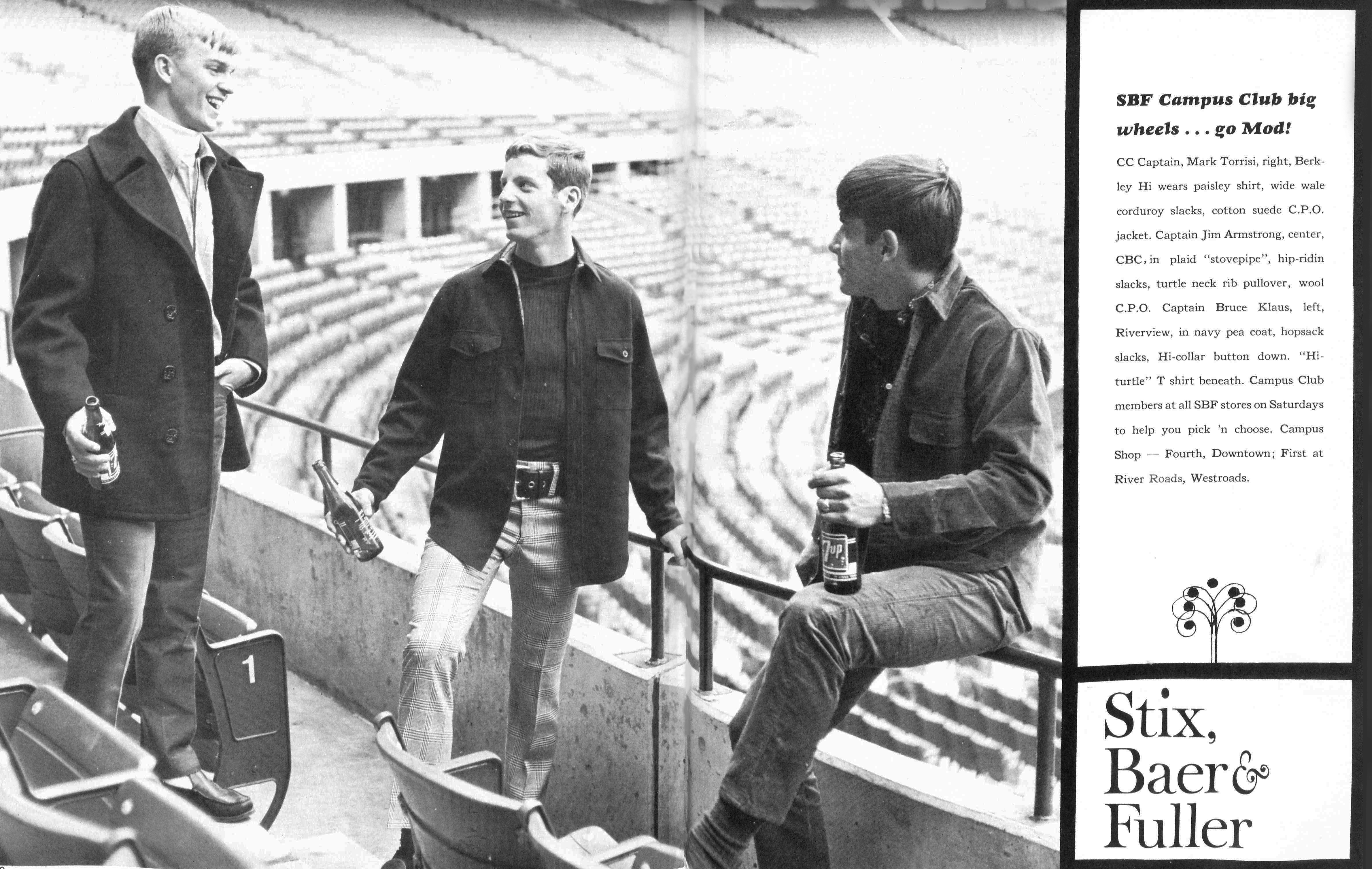 That's Bruce Klaus (left), Member of the SBF Campus Club, modeling a navy pea coat, hopsack slacks and Hi-collar button down and drinking a 7UP inside the newly-constructed Busch Stadium.  PROM MAGAZINE OCTOBER 1966