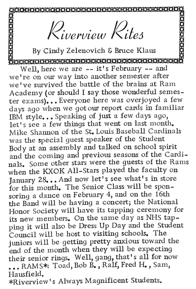 RIVERVIEW RITES: FEBRUARY 1967