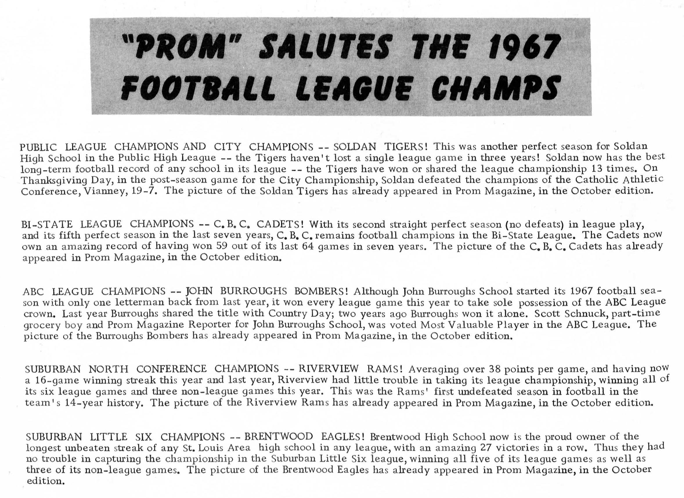 RIVERVIEW RAMS--SUBURBAN NORTH CONFERENCE CHAMPIONS--UNDEFEATED!! PROM MAGAZINE NOVEMBER 1967
