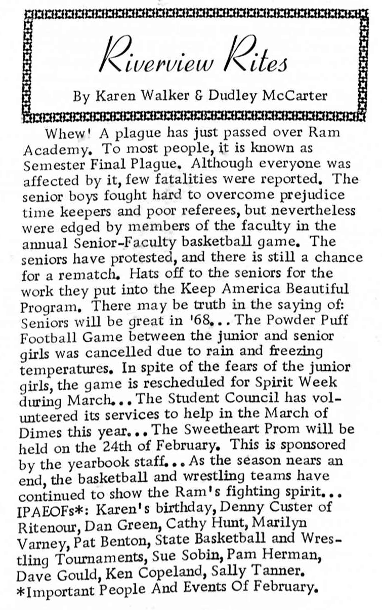 RIVERVIEW RITES: FEBRUARY 1968