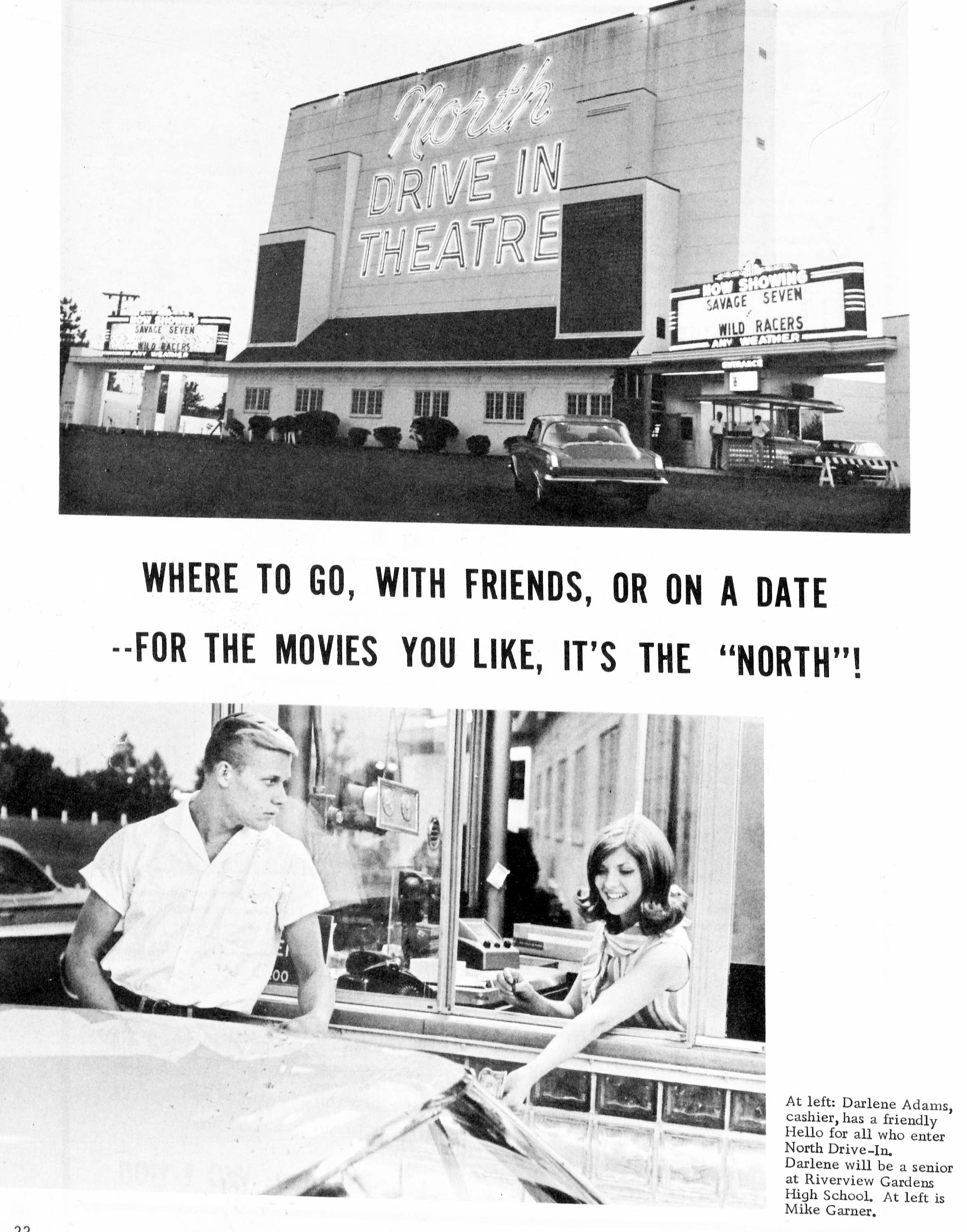 NORTH DRIVE IN THEATRE ad featured in PROM MAGAZINE JUNE 1968. The cashier featured in the bottom photo is Darlene Adams (RGHS Class of 1969).