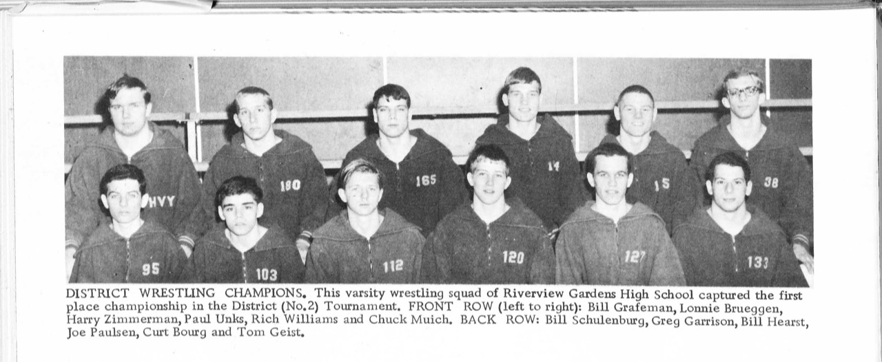 RIVERVIEW RAMS: DISTRICT WRESTLING CHAMPIONS. Click on the photo to enlarge.  PROM MAGAZINE JUNE 1968. Class of '69 RAMS are Harry Zimmerman, Rich Williams, Chuck Muich, Bill Schulenburg, Bill Hearst, Joe Paulsen and Curt Bourg.