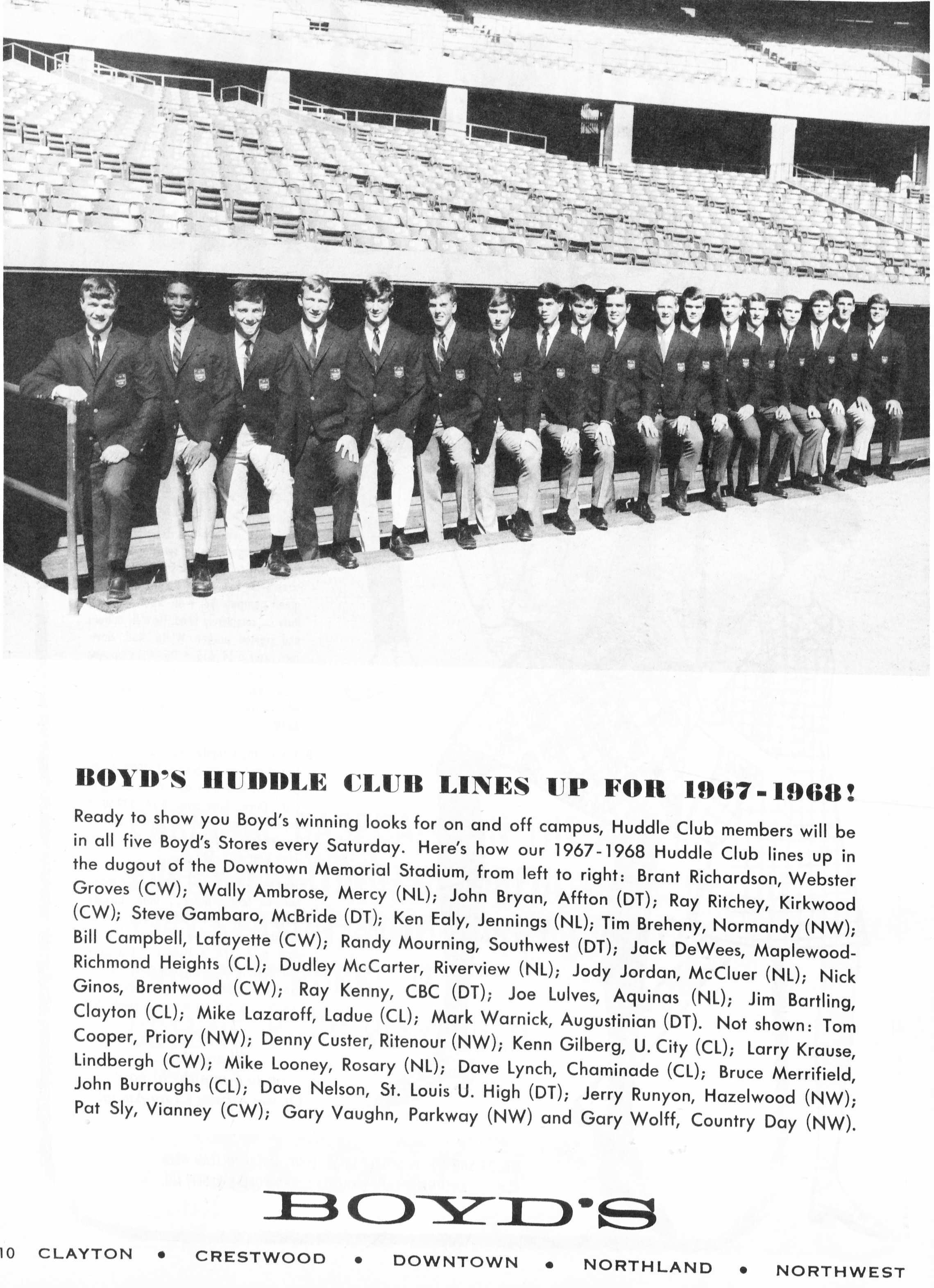 That's Dudley McCarter (eighth from the right), Member of the BOYD'S Huddle Club, in the dugout of the newly-constructed Busch Memorial Stadium. PROM MAGAZINE SEPTEMBER 1967