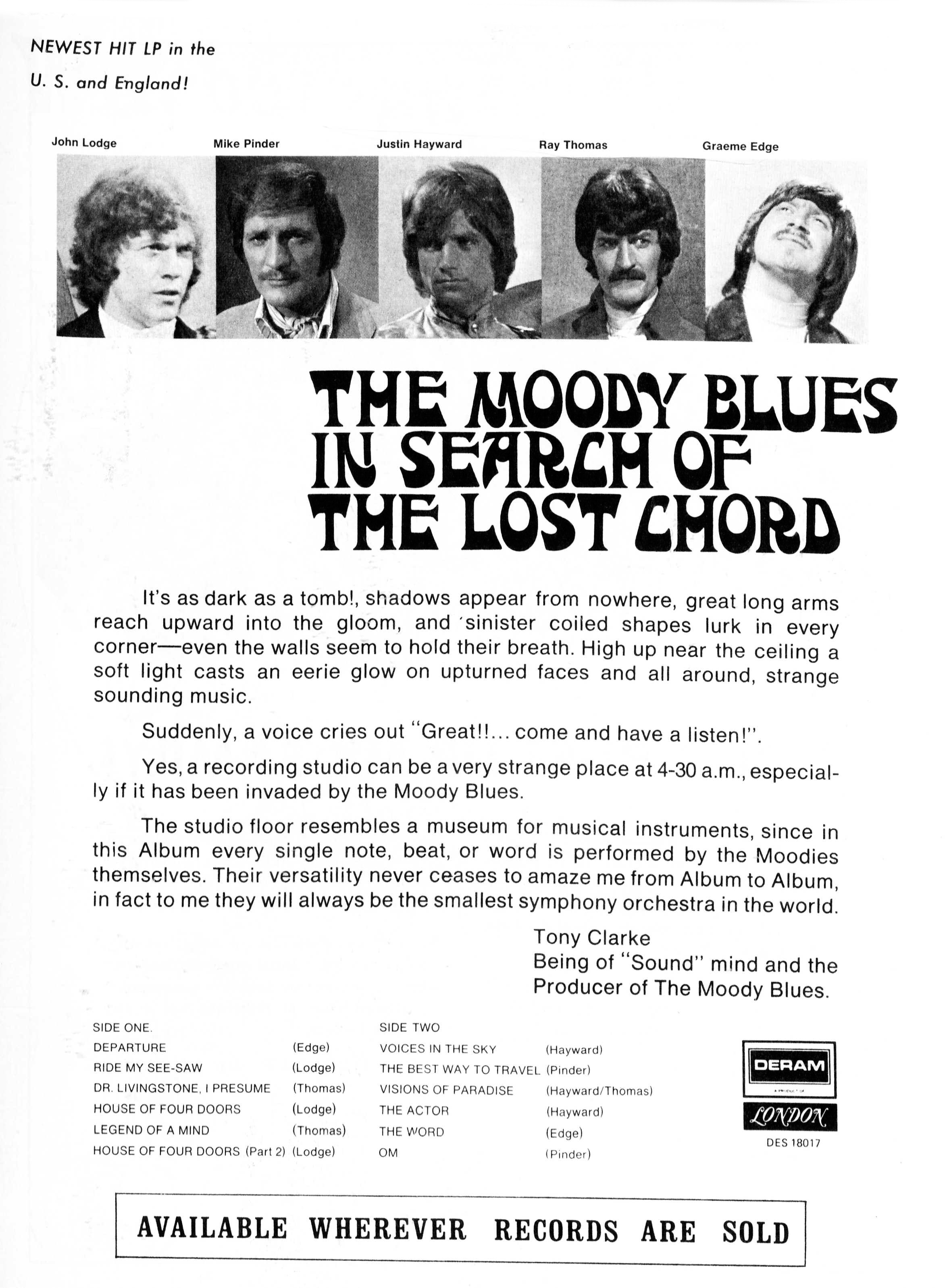 Ad for The Moody Blues LP - In Search of the Lost Chord. PROM MAGAZINE OCTOBER 1968. THIS ONE IS FOR STEVE HARRIS! CHEERS, STEVE!! Can you hear those Voices in the Sky????