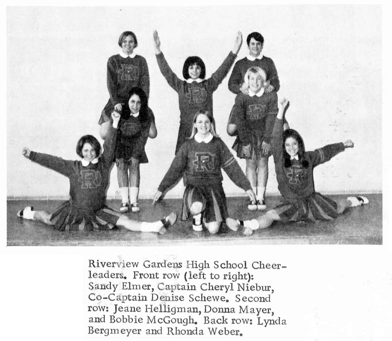 RGHS CHEERLEADING SQUAD featured in PROM MAGAZINE APRIL 1969. Class of 1969 Cheerleaders are Sandy Elmer, Linda Bergmeyer, Cheryl Niebur (Captain) and Denise Schewe (Co-Captain).