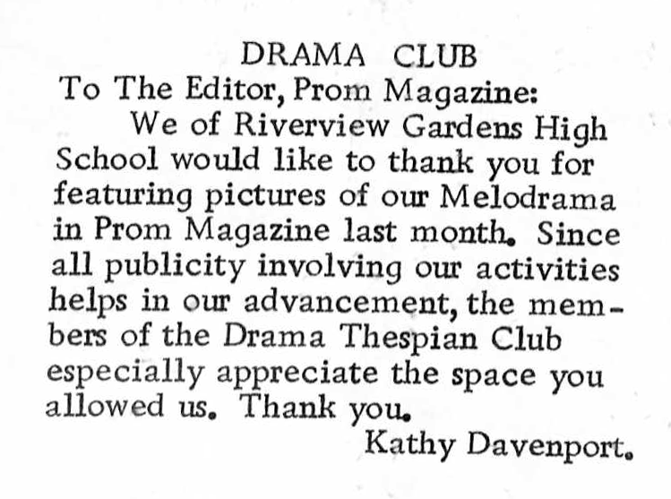 Letter to the Editor from RGHS SENIOR Kathy Davenport published in PROM MAGAZINE MAY 1969
