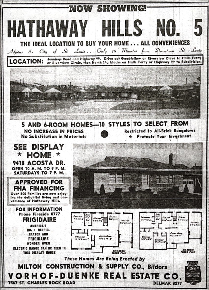 Promotional Ad for Hathaway Hills No. 5 (Plat 5) property on which Patti Lingenfelter's home at 1000 Hopedale was  located. The ad shows both 2 Bedroom and 3 Bedroom floor plans. 