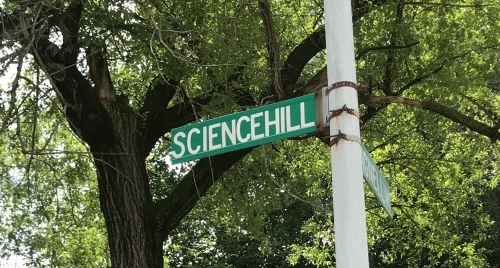 Perhaps the last vestige of the Science Hill School - a street sign in a Bissell Hills neighborhood. PHOTO TAKEN BY JANE BYERS - JUNE 2019