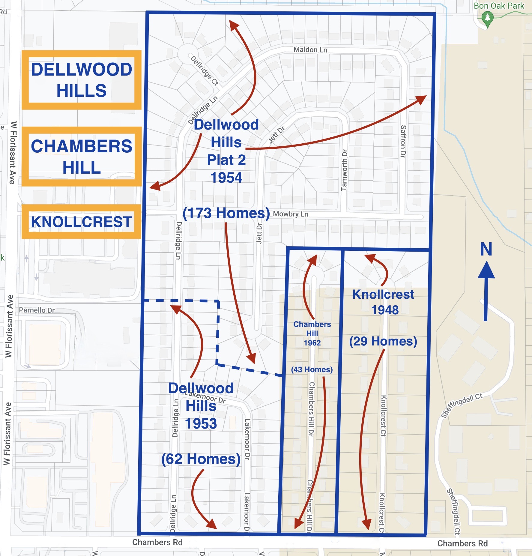 KNOLLCREST, CHAMBERS HILL AND DELLWOOD HILLS SUBDIVISIONS MAP