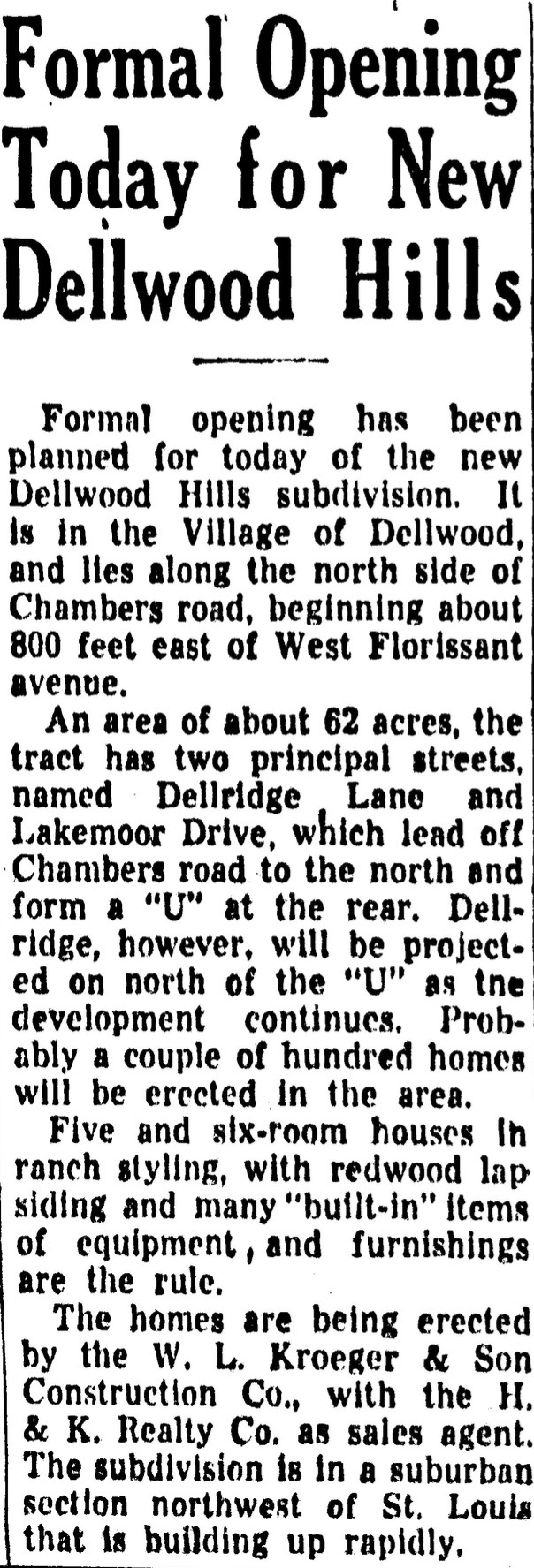 Dellwood Hills Formal Opening notice appeared in the St. Louis Post-Dispatch on March 7, 1954. 