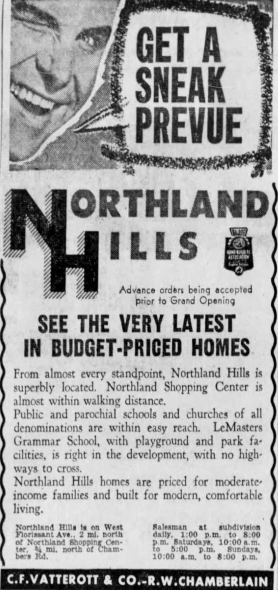 Northland Hills by Vatterott promotional ad. St. Louis Post-Dispatch, June 12, 1960. 