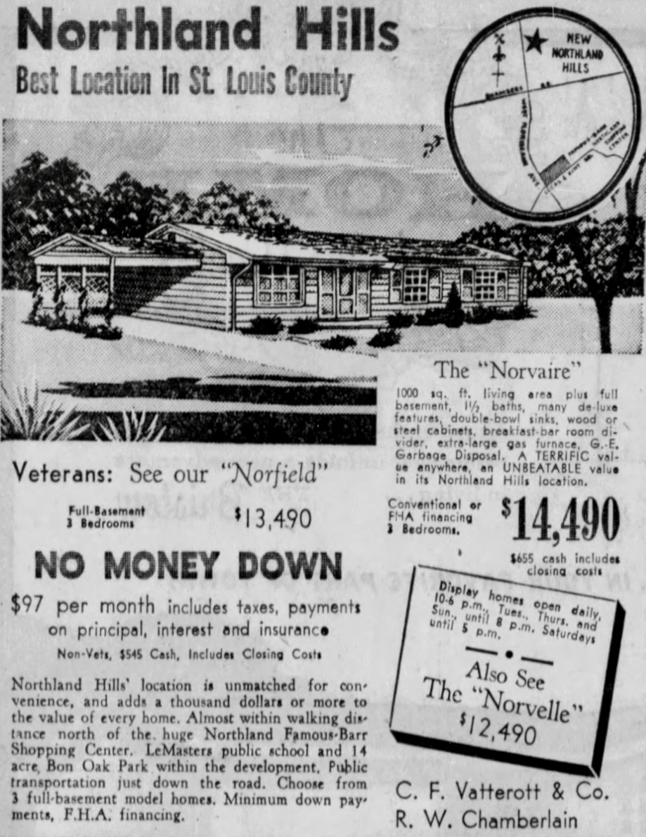 Northland Hills promotional ad for Vatterott's three new models: Nouvelle, Norfield and Norvaire. St. Louis Post Dispatch, November 27, 1960.