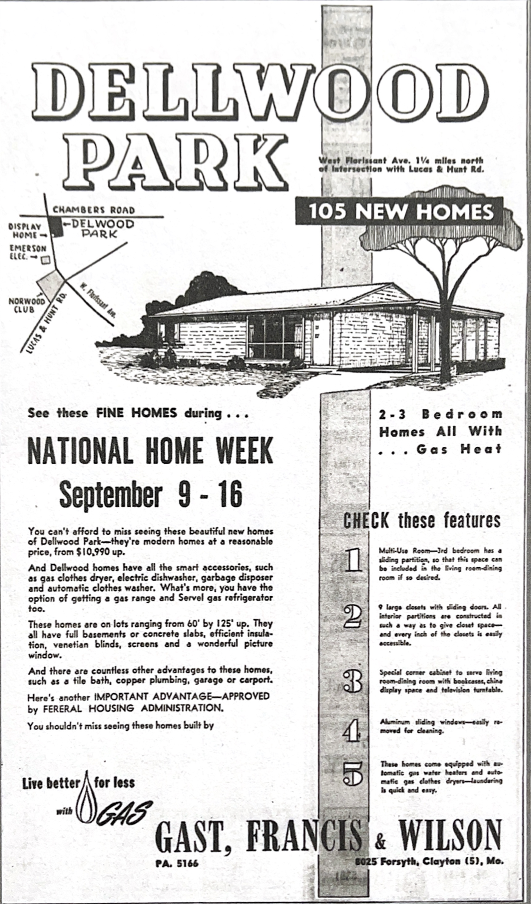 Dellwood Park promotional ad. St. Louis Post-Dispatch, September 9, 1951. The ad mentions 105 new homes, but the filed subdivision plat provides only for 100 residential lots. 
