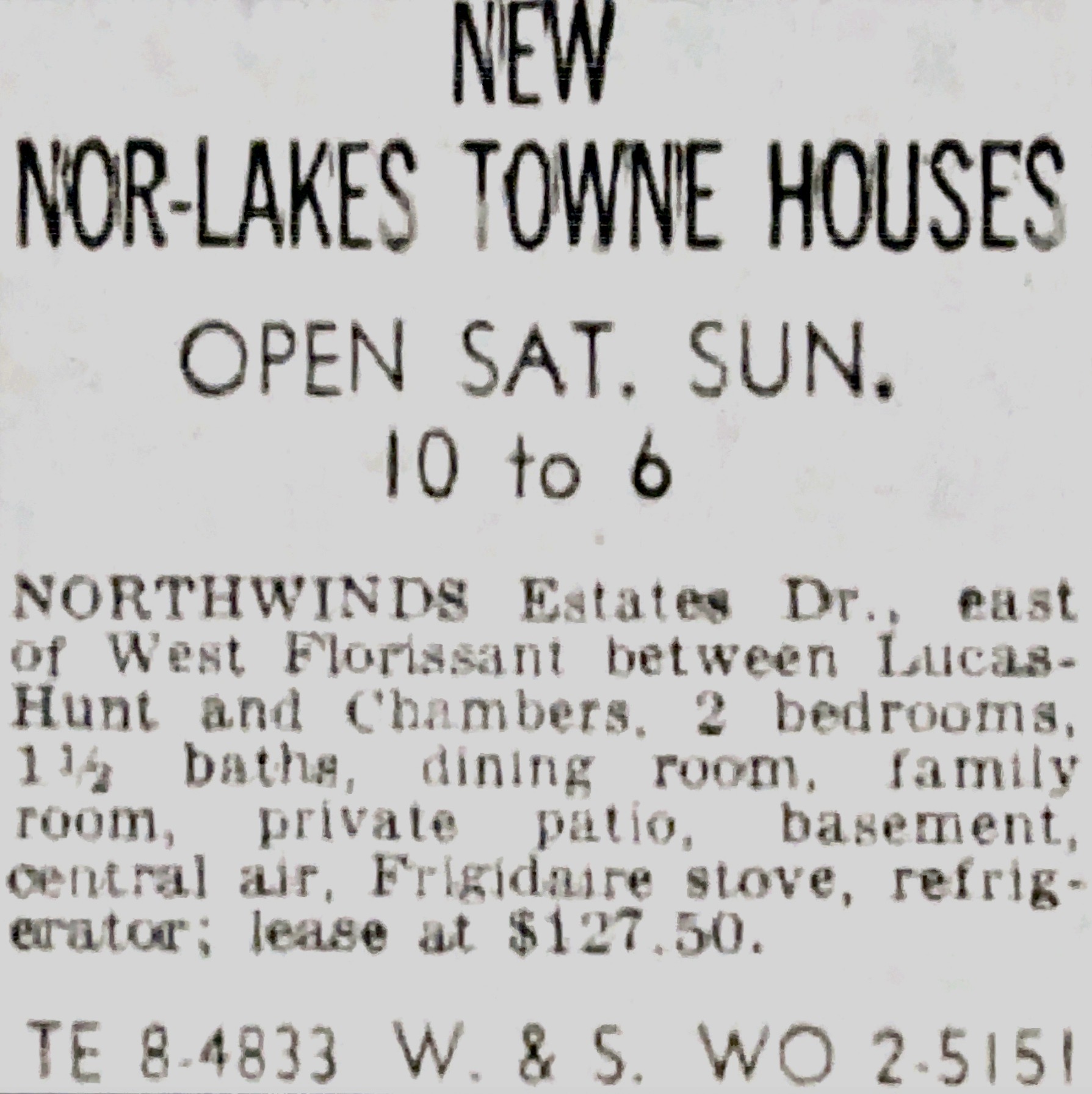 NOR-LAKES TOWNE HOUSES promotional ad. St. Louis Post-Dispatch, February 27, 1965. 