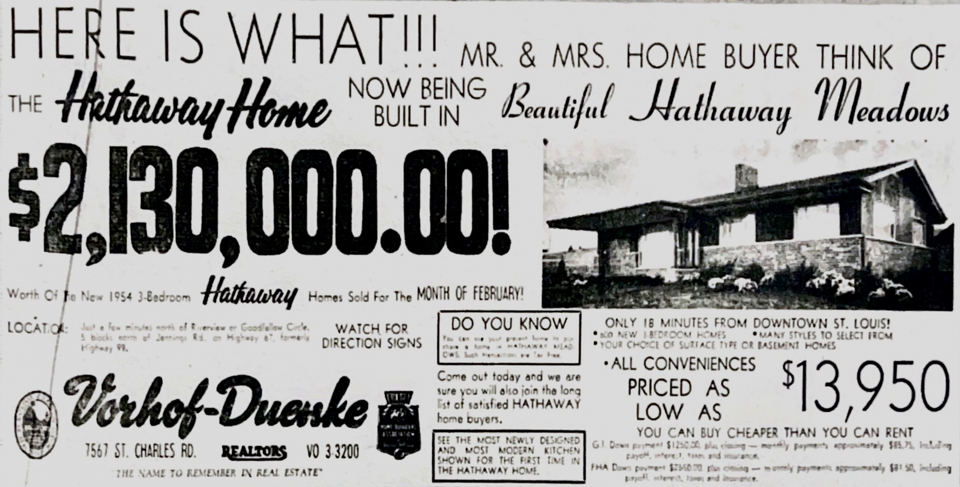 Hathaway Meadows Promotional Ad. St. Louis Post-Dispatch, March 7, 1954.